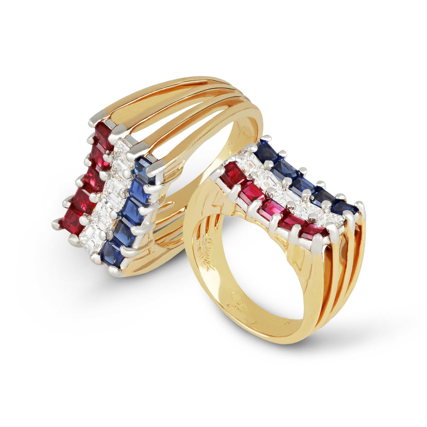 Cartier 1970s Platinum & 18KT Yellow Gold Diamond, Ruby & Sapphire Ring front and side