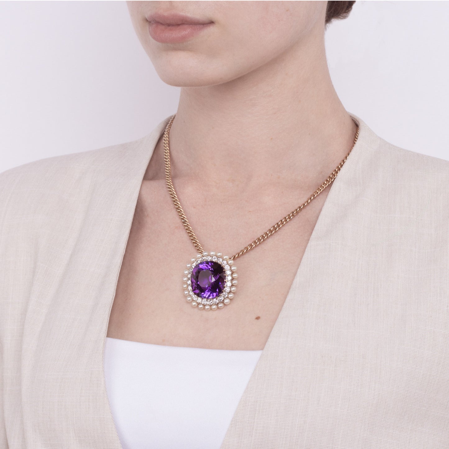 Dreicer & Co. Edwardian Platinum & 18KT Yellow Gold Amethyst & Diamond Necklace on neck