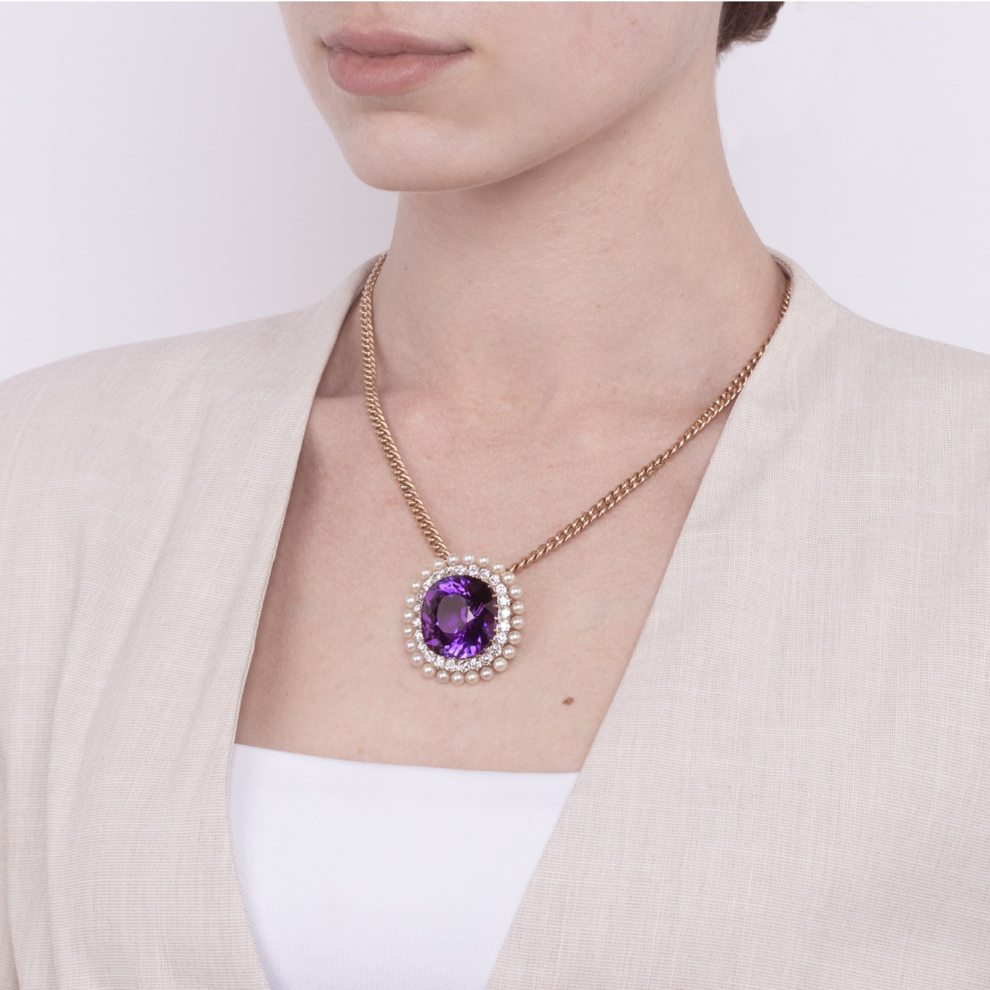 Dreicer & Co. Edwardian Platinum & 18KT Yellow Gold Amethyst & Diamond Necklace on neck