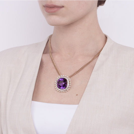 Dreicer & Co. Edwardian Platinum & 18KT Yellow Gold Amethyst & Diamond Necklace on neck