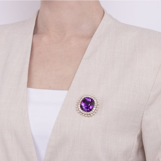 Dreicer & Co. Edwardian Platinum & 18KT Yellow Gold Amethyst & Diamond Necklace on lapel