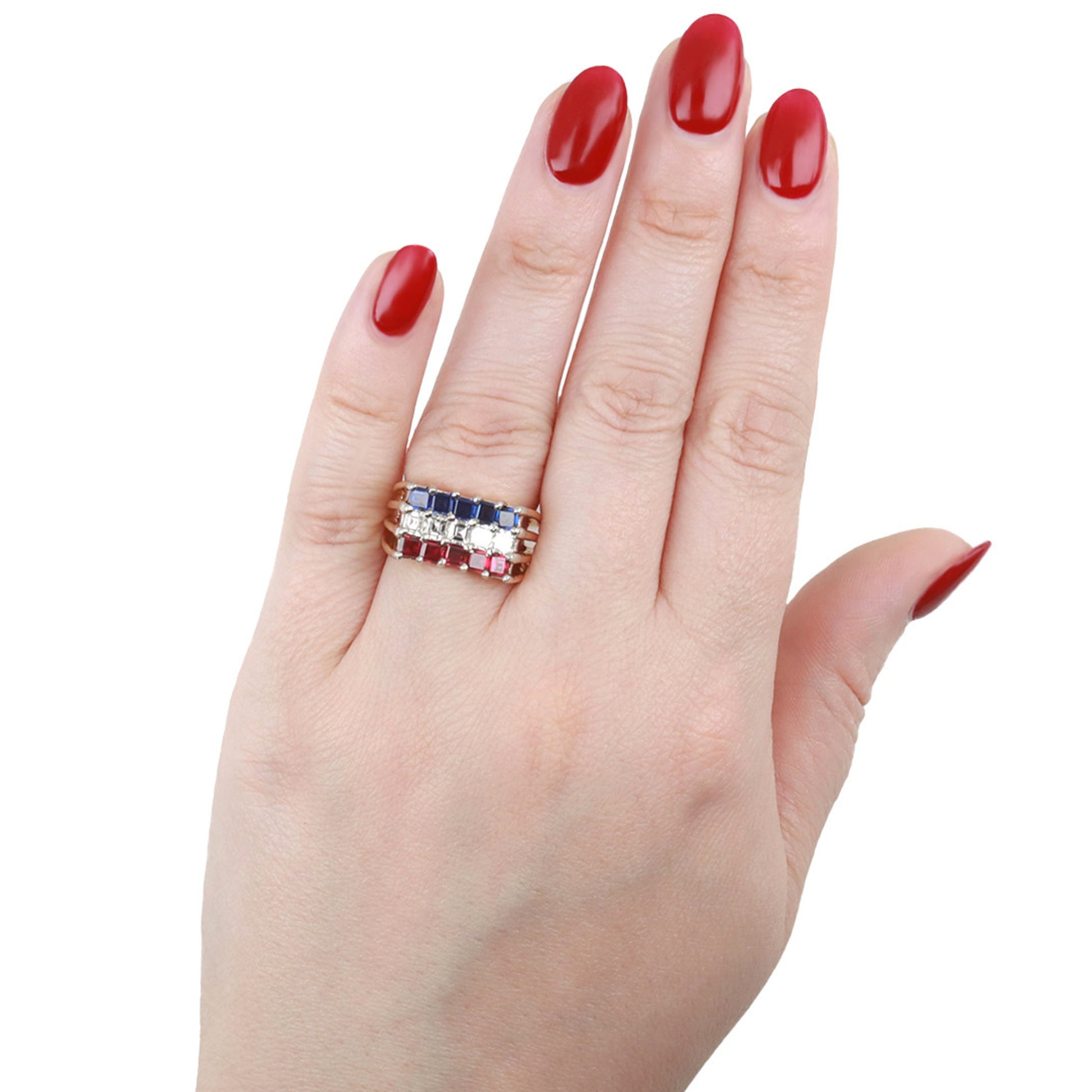 Cartier 1970s Platinum & 18KT Yellow Gold Diamond, Ruby & Sapphire Ring on finger