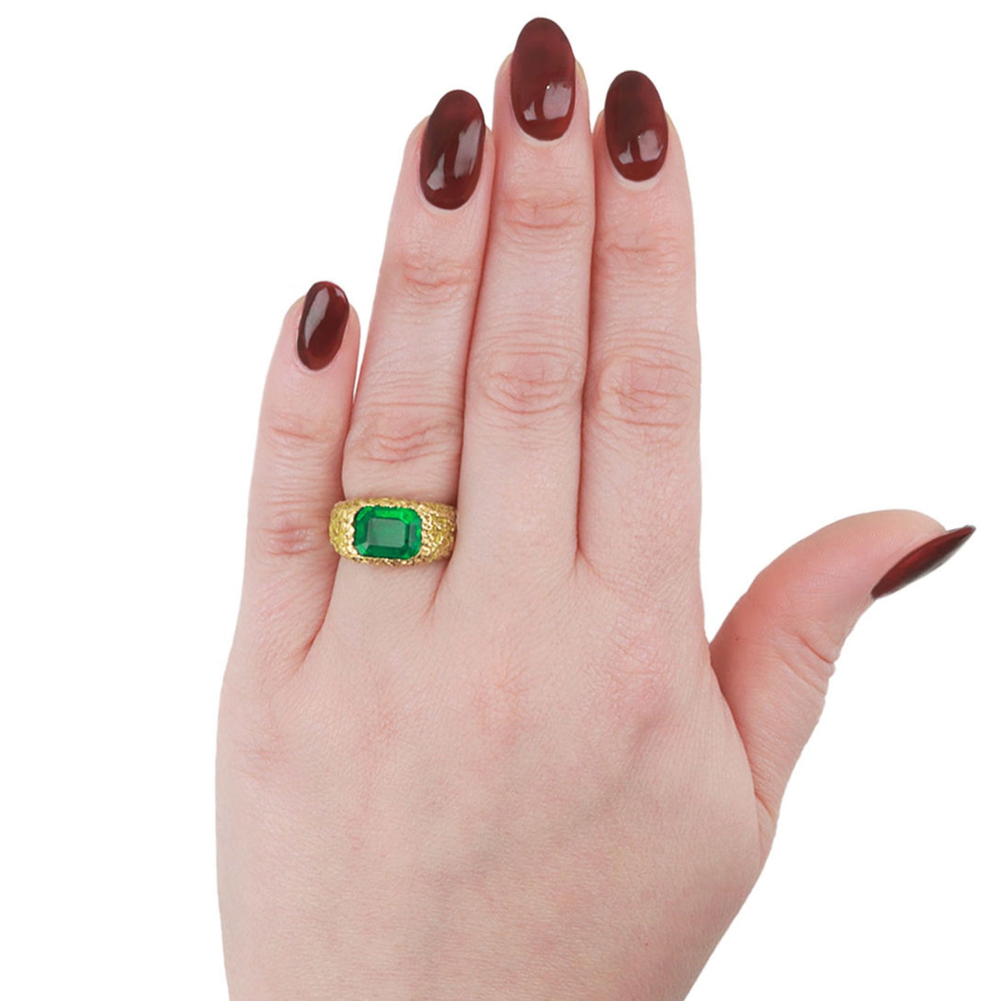 Chaumet 1960s 18KT Yellow Gold Emerald Ring on finger