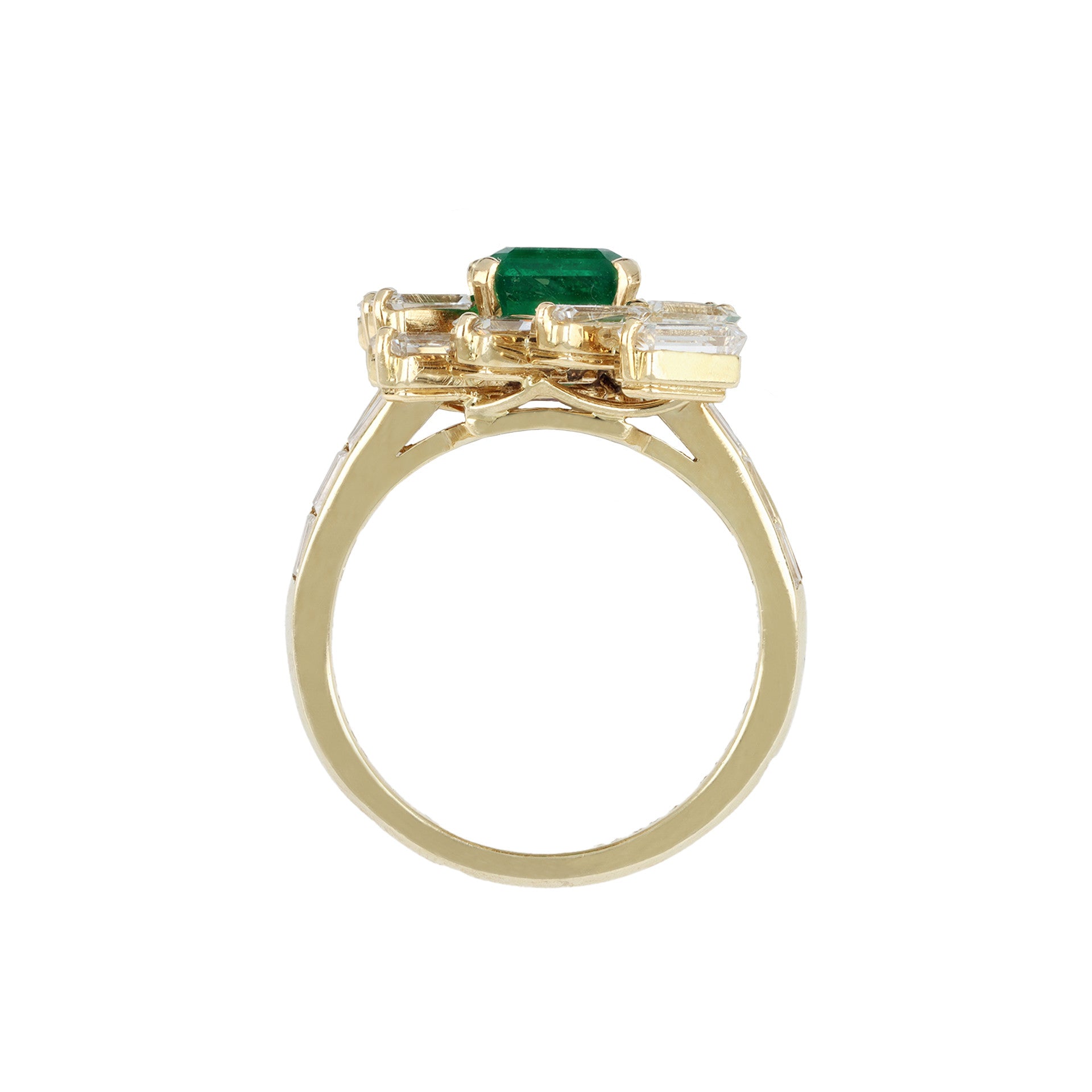 Mauboussin Paris 1970s 18KT Yellow Gold Emerald & Diamond Ring profile