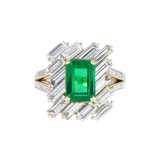 Mauboussin Paris 1970s 18KT Yellow Gold Emerald & Diamond Ring front