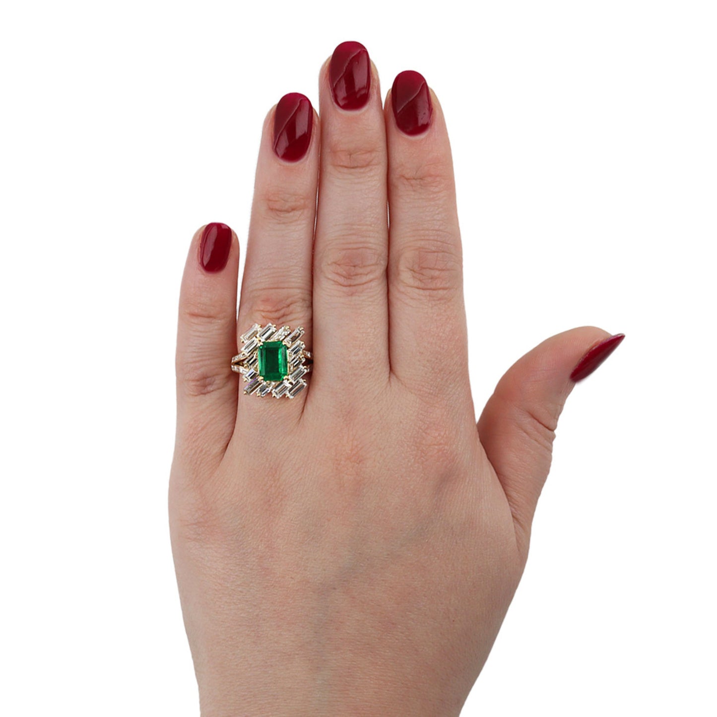 Mauboussin Paris 1970s 18KT Yellow Gold Emerald & Diamond Ring on finger