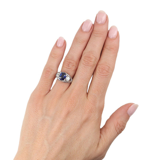 Tiffany & Co. Art Deco Platinum Sapphire & Diamond Ring on finger