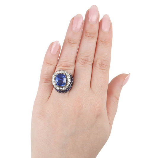 Pierre Sterle Paris 1950s Platinum Sapphire & Diamond Ring on hand