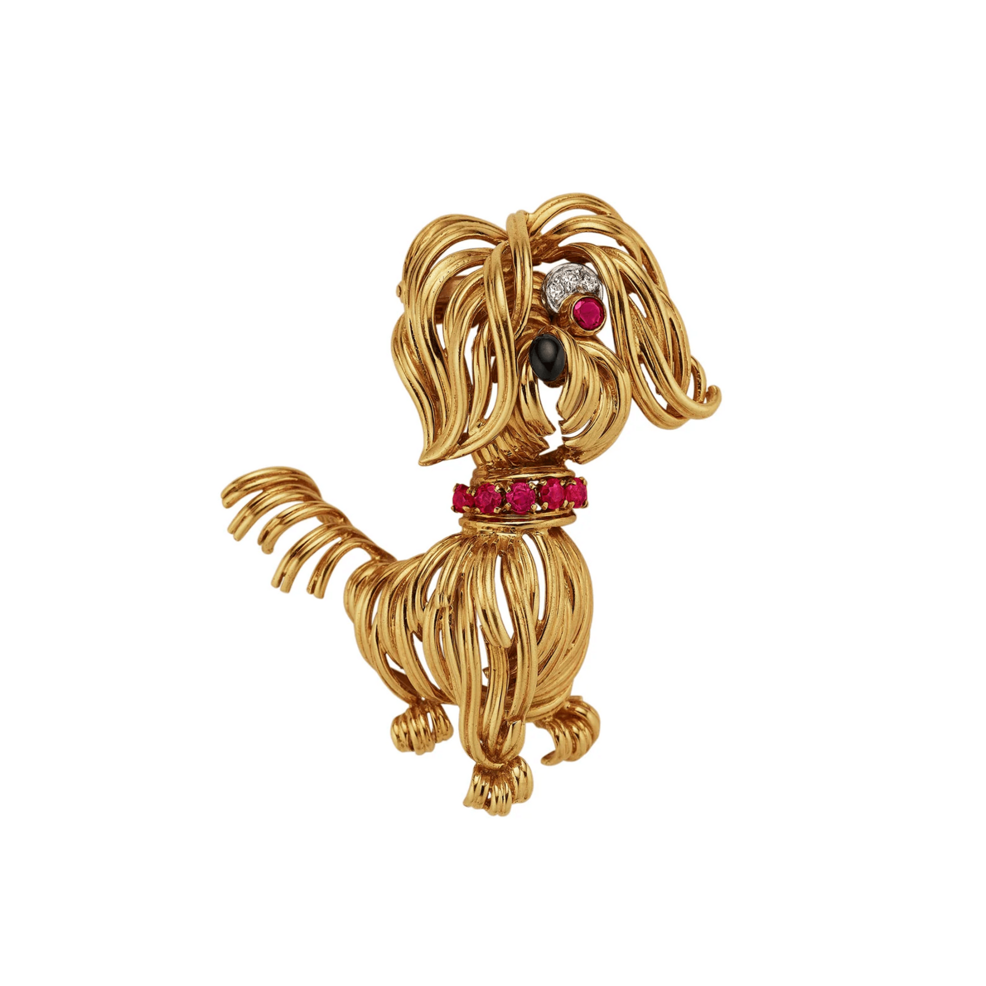 Van Cleef & Arpels Paris 1960s 18KT Yellow Gold Diamond, Enamel & Ruby Yorkie Brooch front
