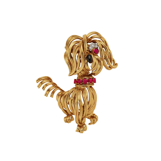 Van Cleef & Arpels Paris 1960s 18KT Yellow Gold Diamond, Enamel & Ruby Yorkie Brooch front