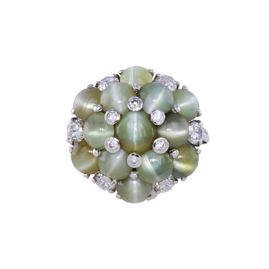 Oscar Heyman Bros. 1950s Platinum Chrysoberyl Cat's Eye, Diamond Ring front