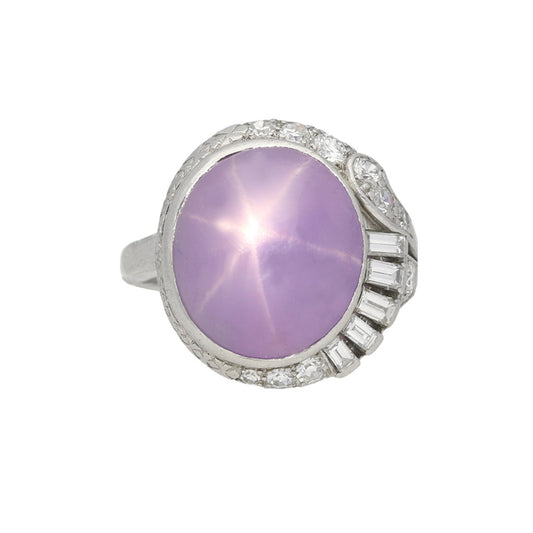 J. Milhening, Inc. 1930s Platinum Star Sapphire & Diamond Ring front