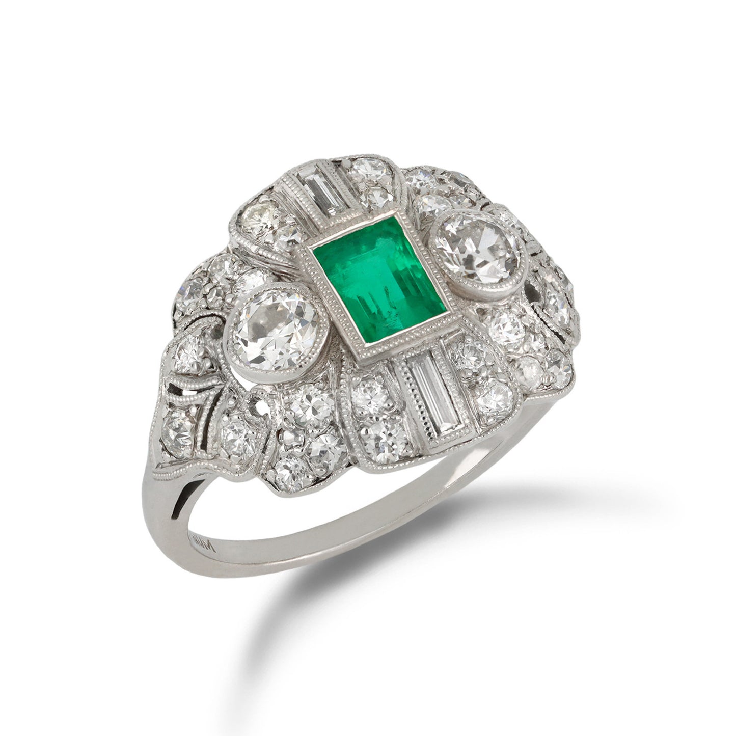 M. Waslikoff & Sons Art Deco Platinum Emerald & Diamond Ring front