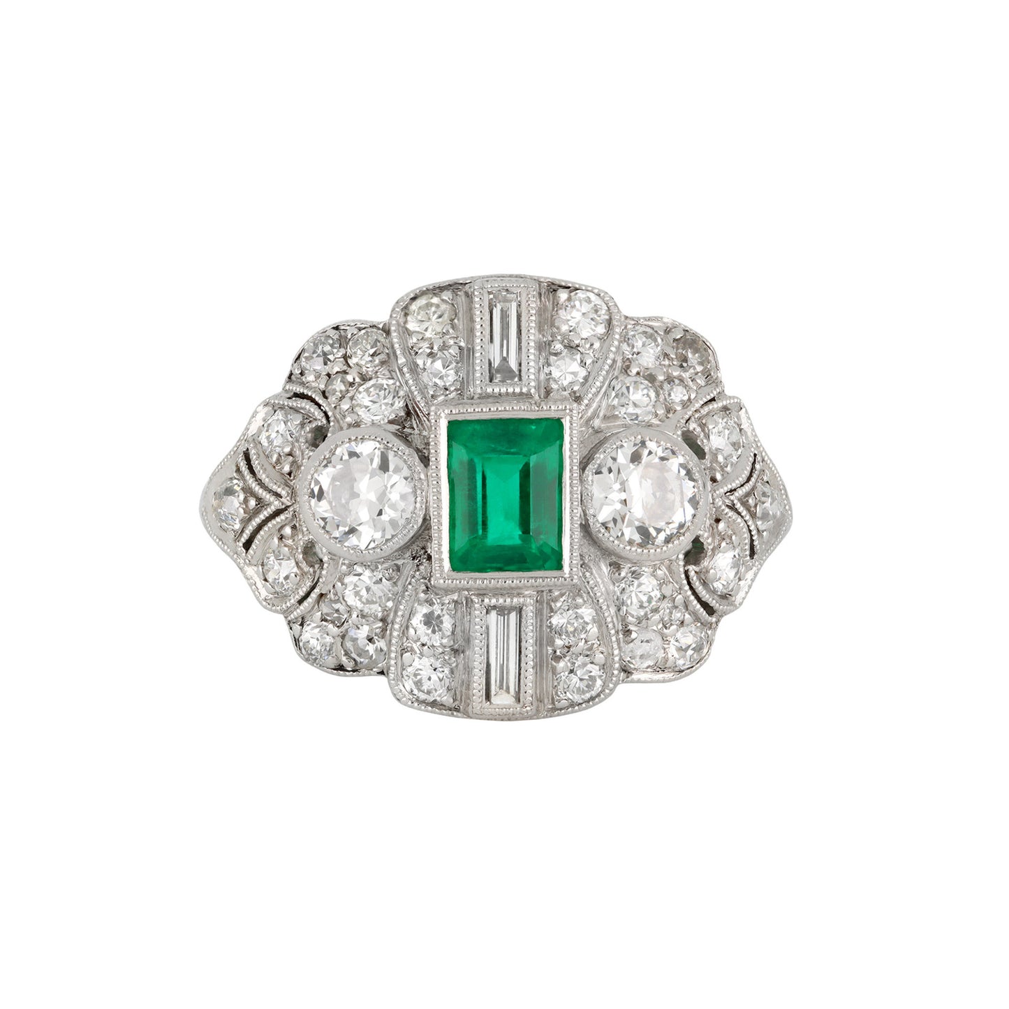 M. Waslikoff & Sons Art Deco Platinum Emerald & Diamond Ring front