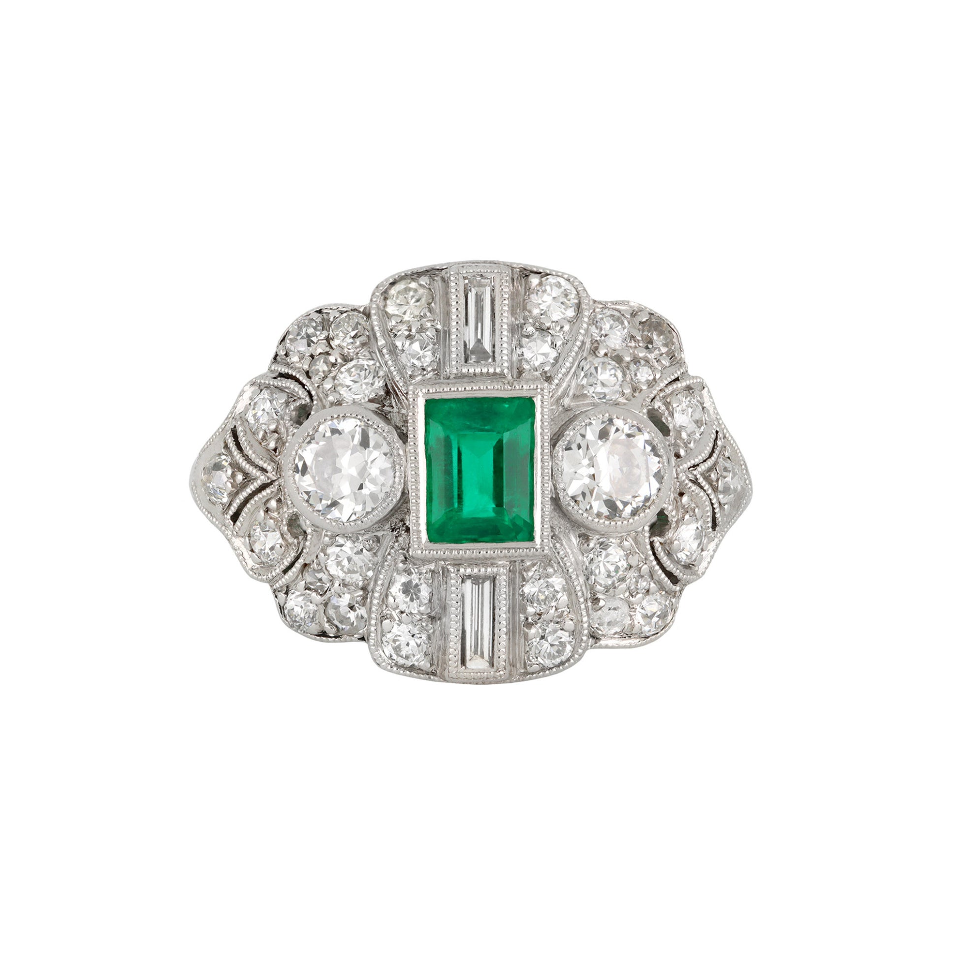 M. Waslikoff & Sons Art Deco Platinum Emerald & Diamond Ring front