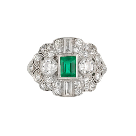 M. Waslikoff & Sons Art Deco Platinum Emerald & Diamond Ring front