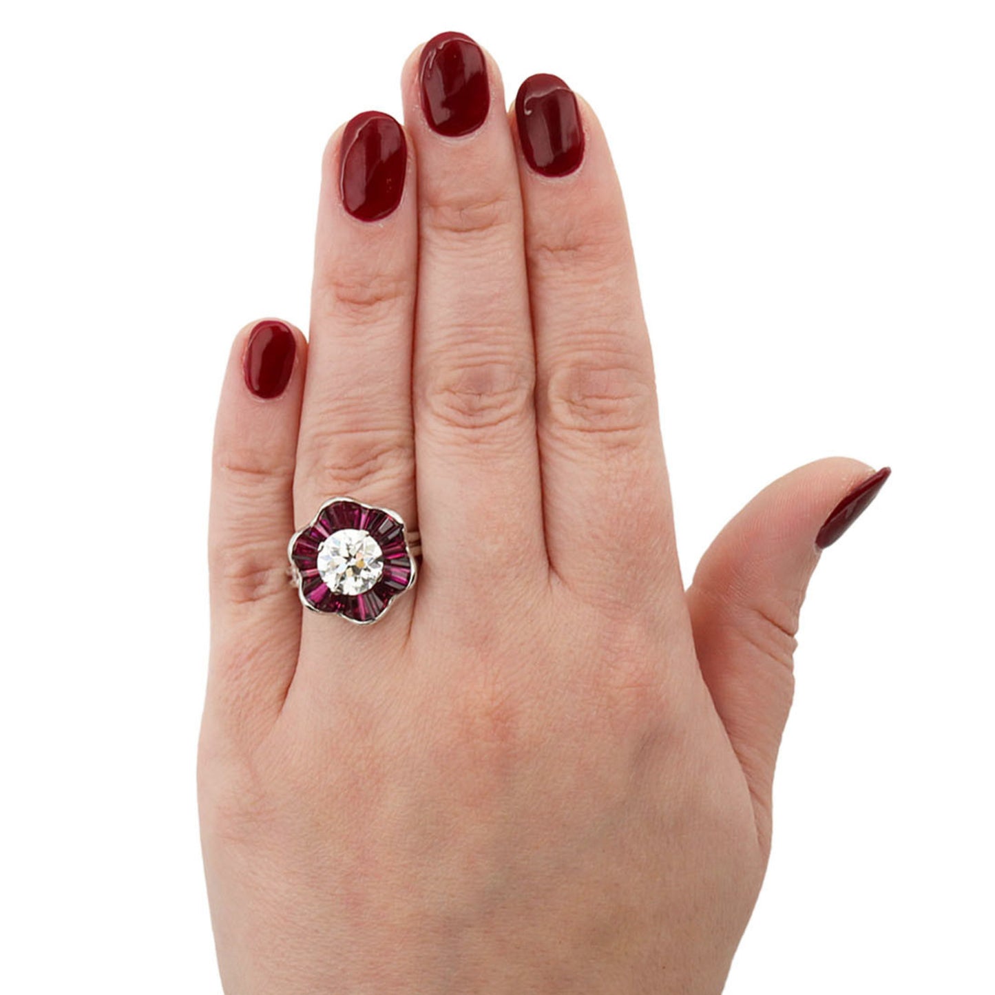 Oscar Heyman Bros. American 1970s Platinum Diamond & Ruby Ring on finger