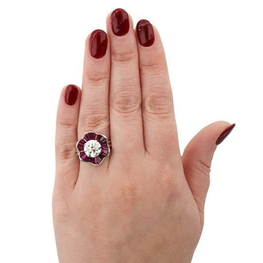 Oscar Heyman Bros. American 1970s Platinum Diamond & Ruby Ring on finger