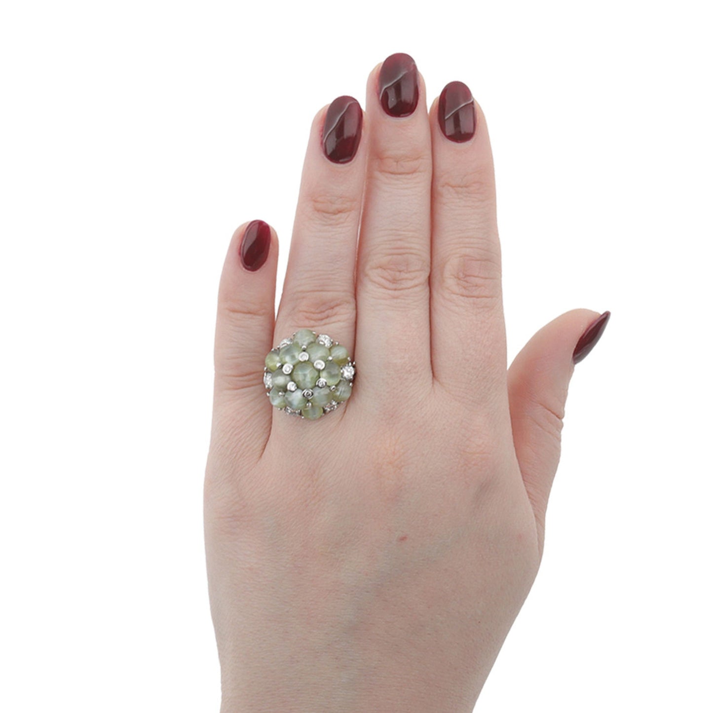 Oscar Heyman Bros. 1950s Platinum Chrysoberyl Cat's Eye, Diamond Ring on finger