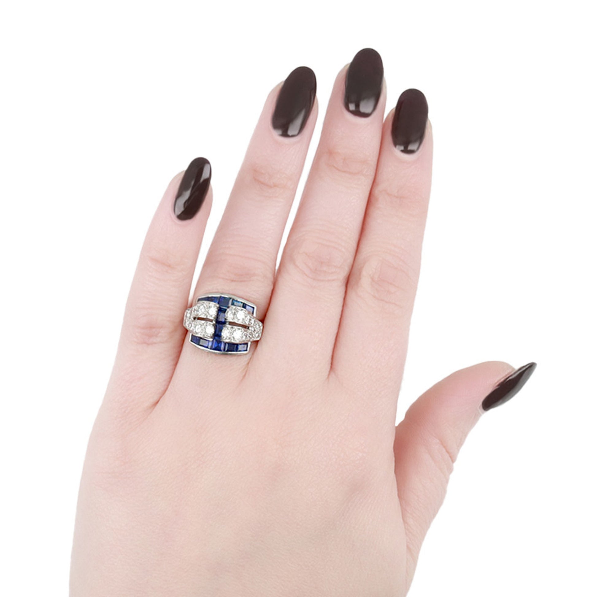 Tiffany & Co. Art Deco Platinum Sapphire & Diamond Ring on finger