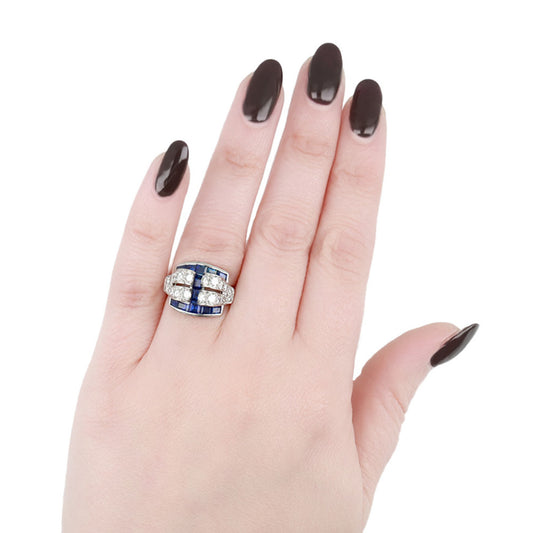 Tiffany & Co. Art Deco Platinum Sapphire & Diamond Ring on finger