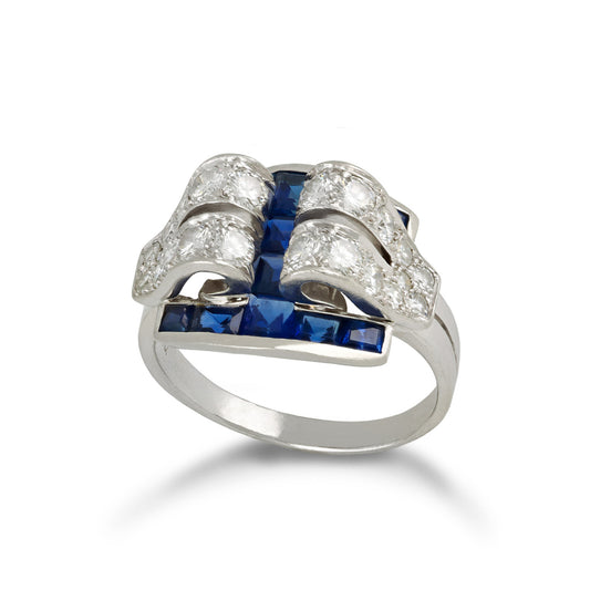 Tiffany & Co. Art Deco Platinum Sapphire & Diamond Ring front