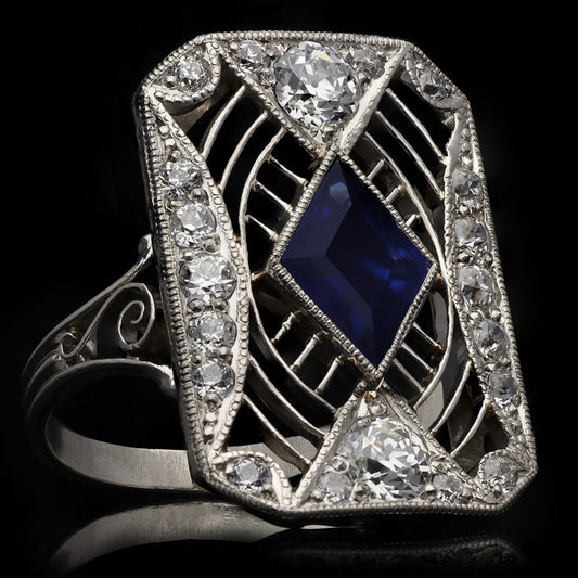 Riker Brothers American Art Deco Platinum Sapphire & Diamond Ring front
