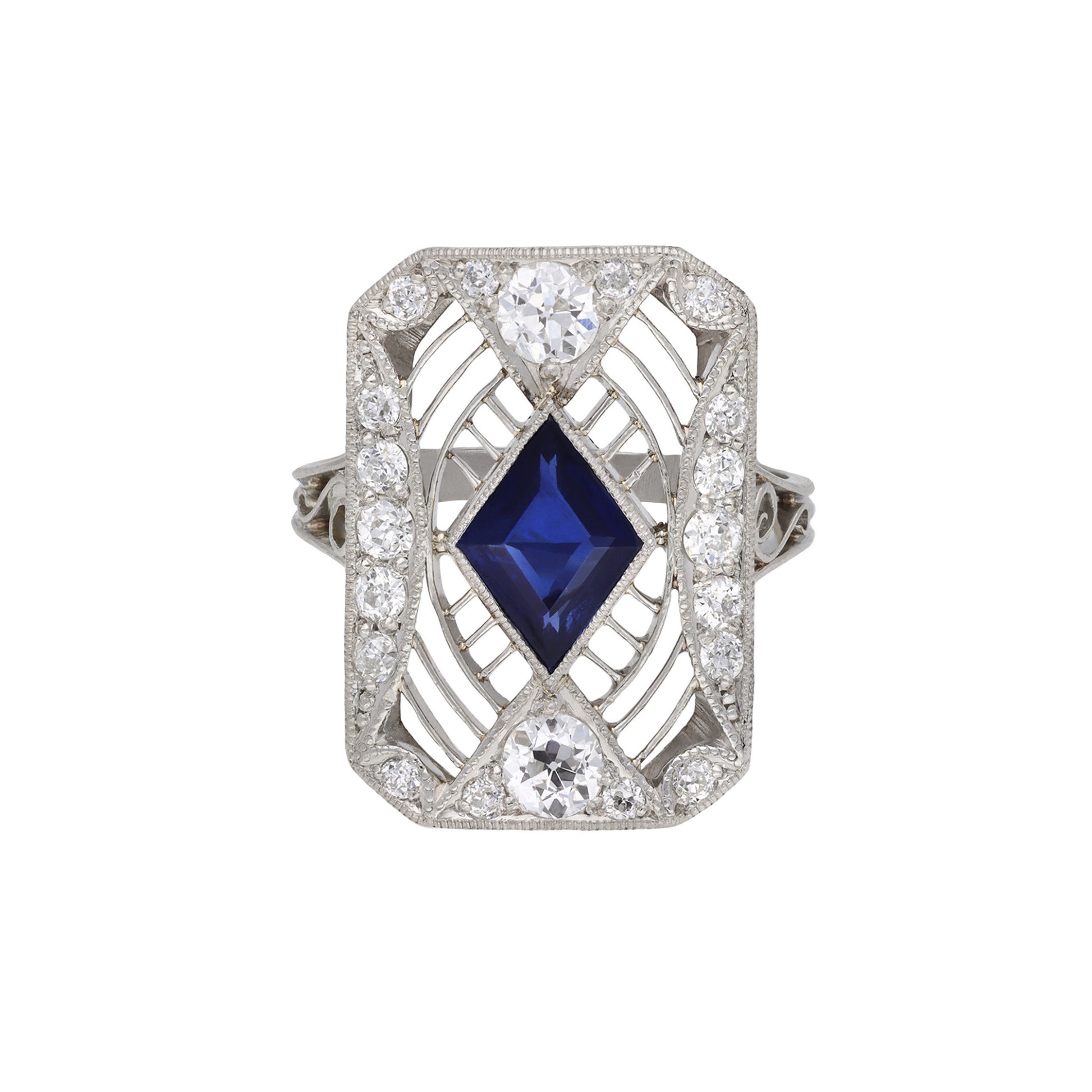 Riker Brothers American Art Deco Platinum Sapphire & Diamond Ring front