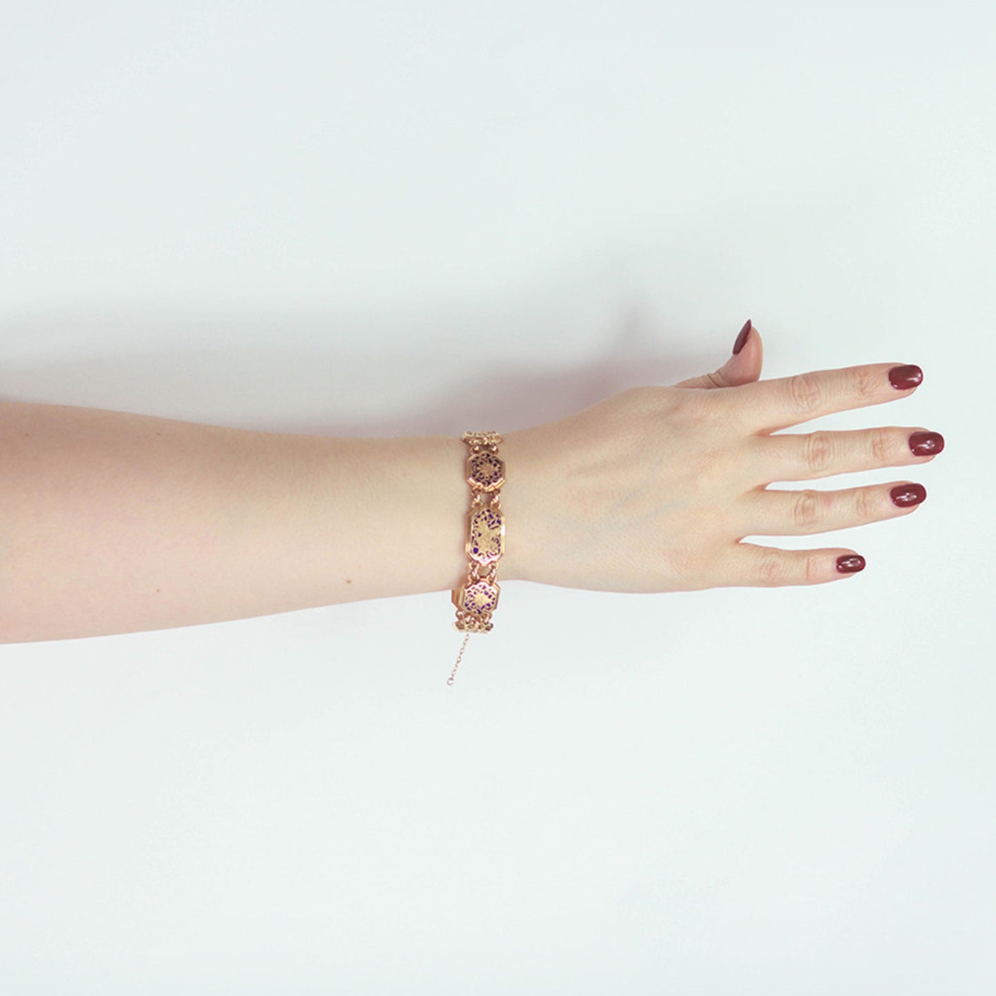 Boucheron Paris Art Nouveau 18KT Rose Gold Enamel Bracelet on wrist