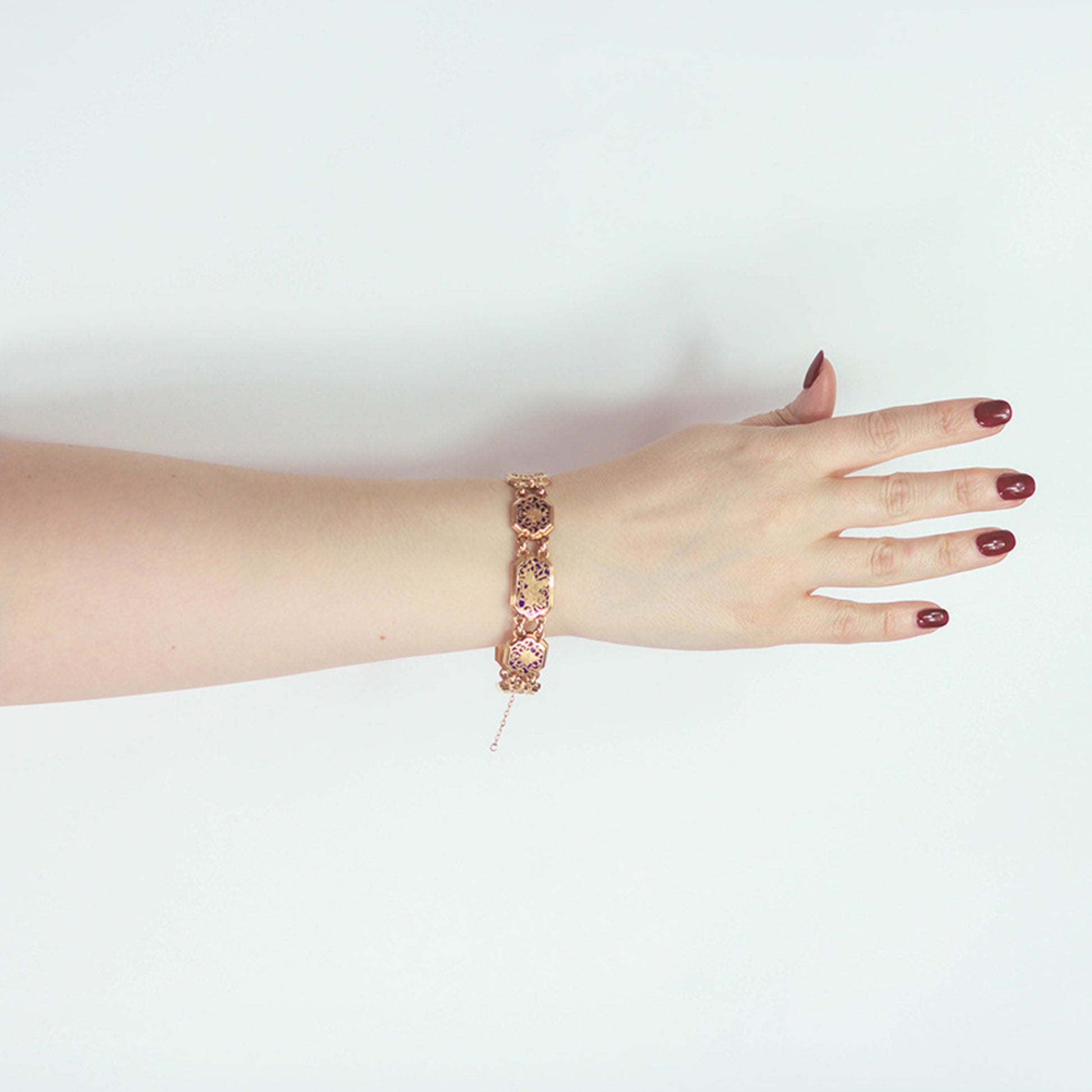 Boucheron Paris Art Nouveau 18KT Rose Gold Enamel Bracelet on wrist
