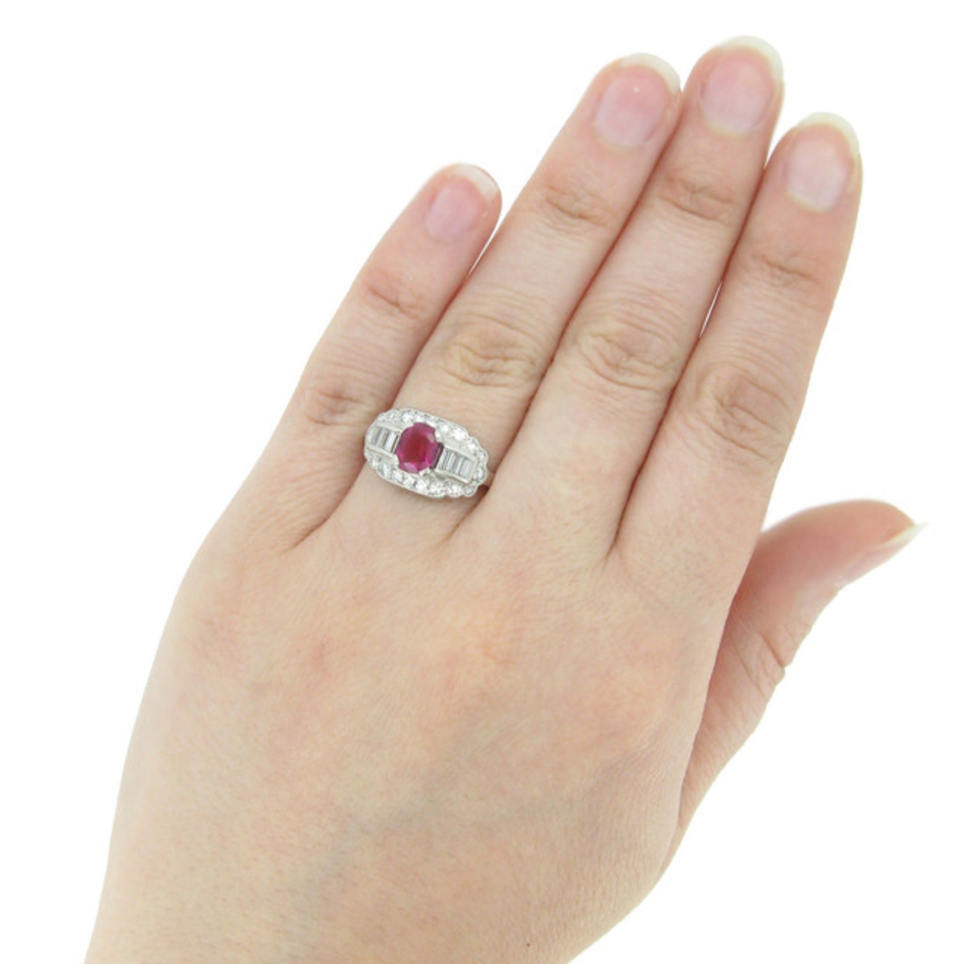 Whitehouse Bros. American 1950s Platinum Ruby & Diamond Ring on finger