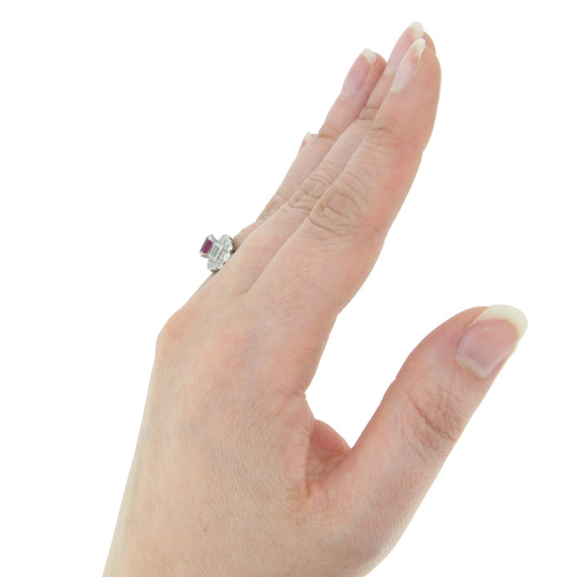 Whitehouse Bros. American 1950s Platinum Ruby & Diamond Ring on finger