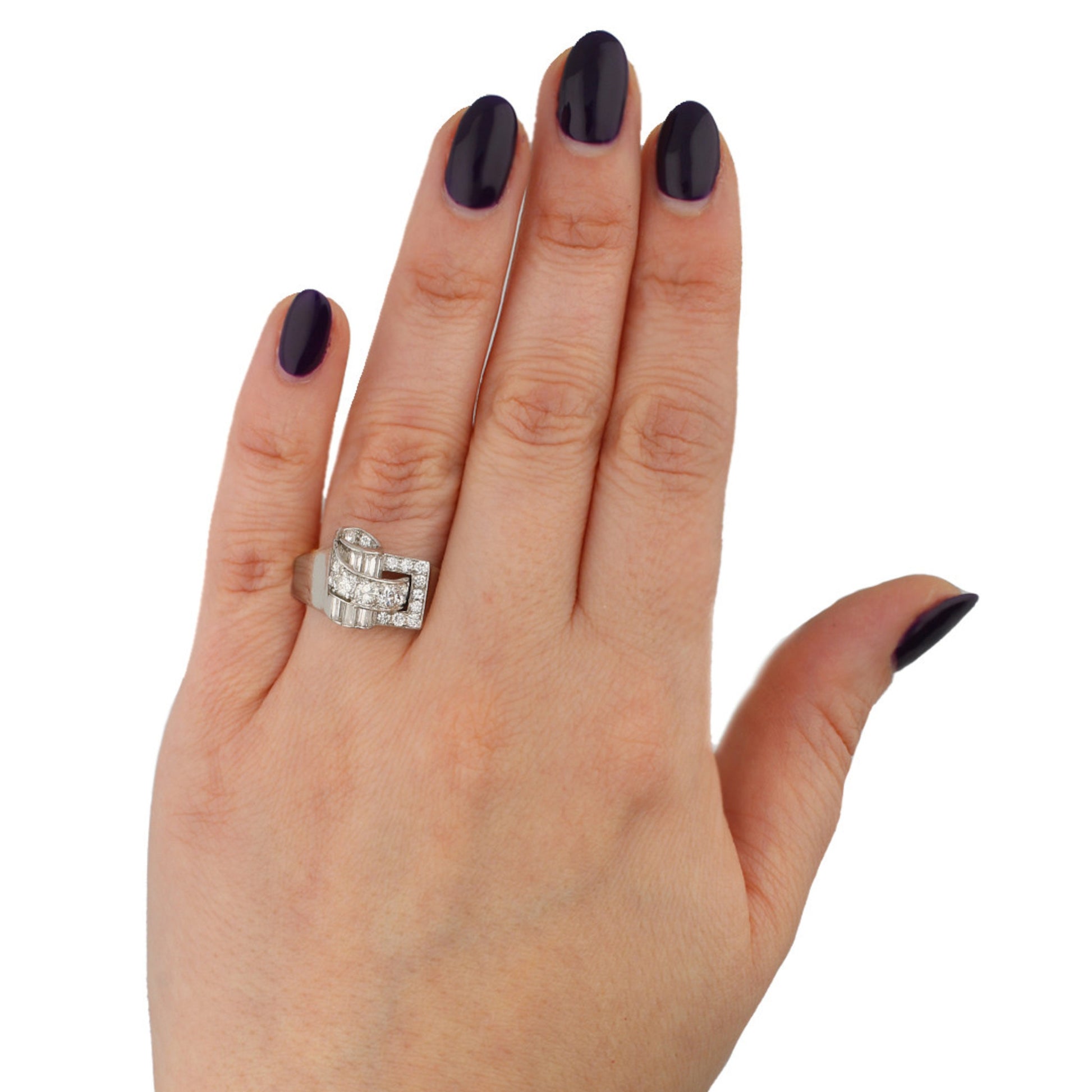 Cecil Drayson English 1940s Platinum Diamond Ring on finger