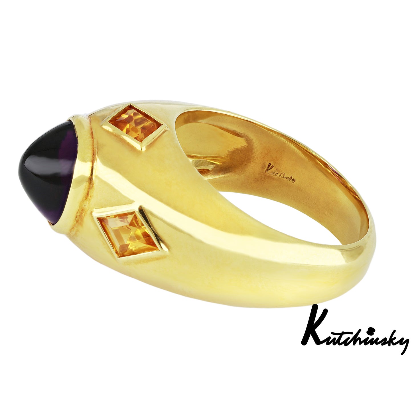 Kutchinsky 1980s 18KT Yellow Gold Amethyst & Citrine Ring signature