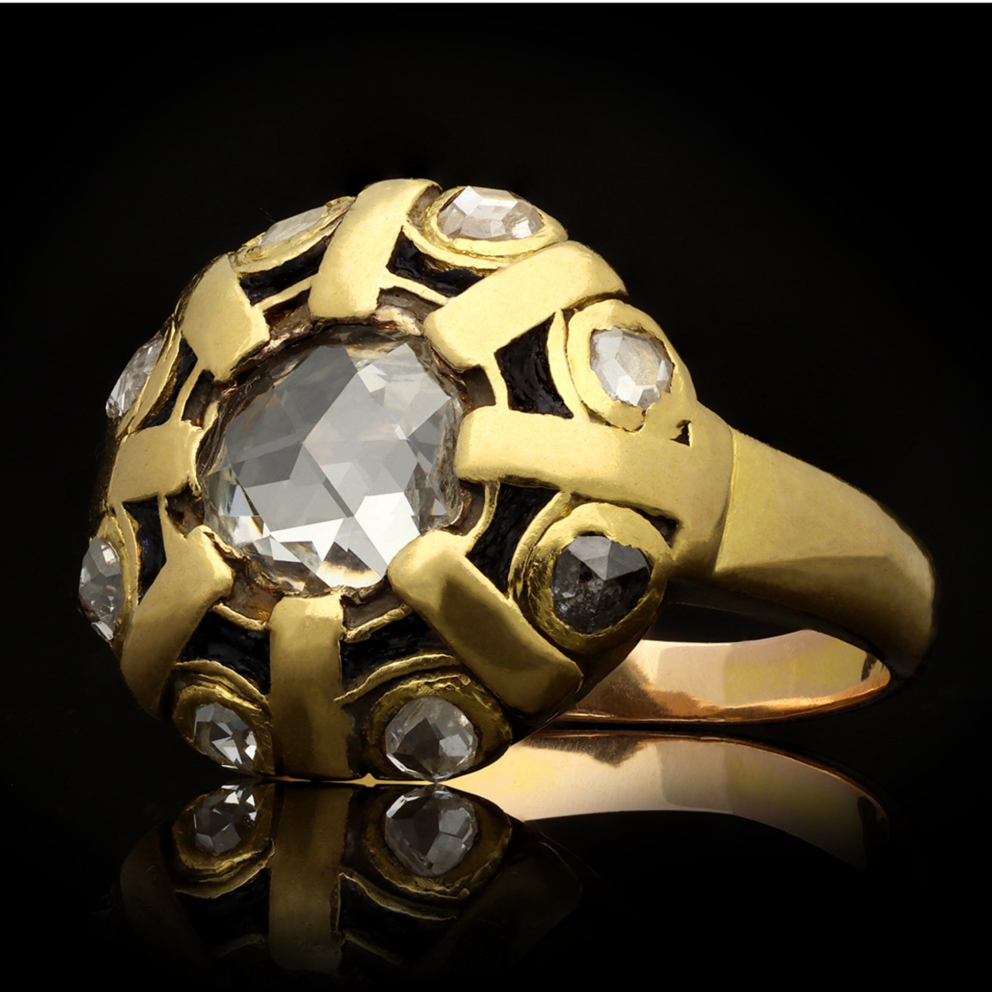 Andre Rivaud French Victorian 18KT Yellow Gold Diamond Ring front