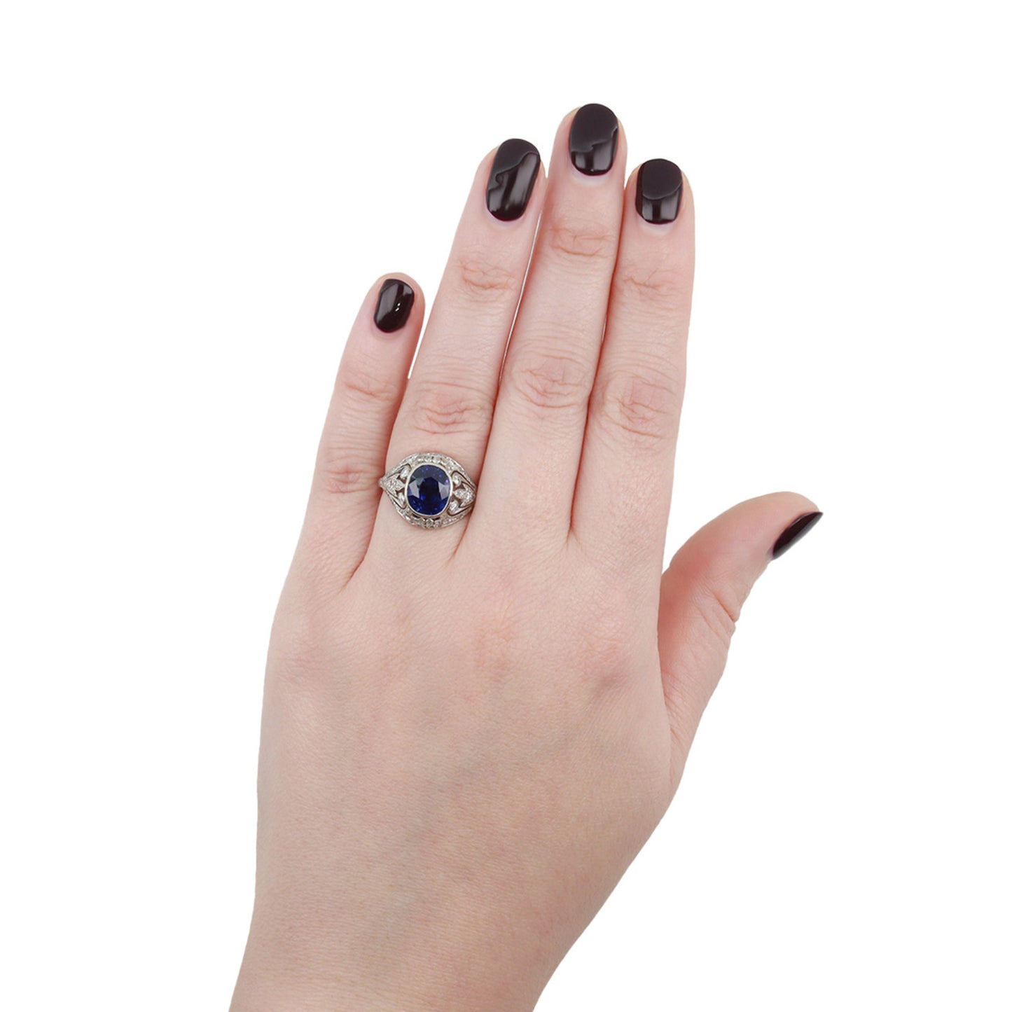 Tillander Finnish Art Deco Platinum Sapphire & Diamond Ring on finger