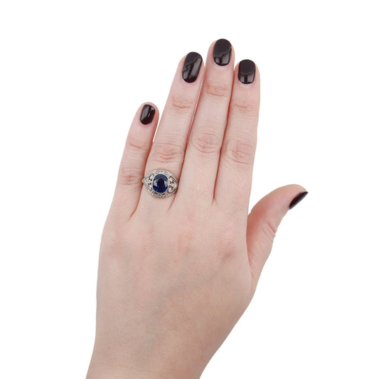 Tillander Finnish Art Deco Platinum Sapphire & Diamond Ring on finger