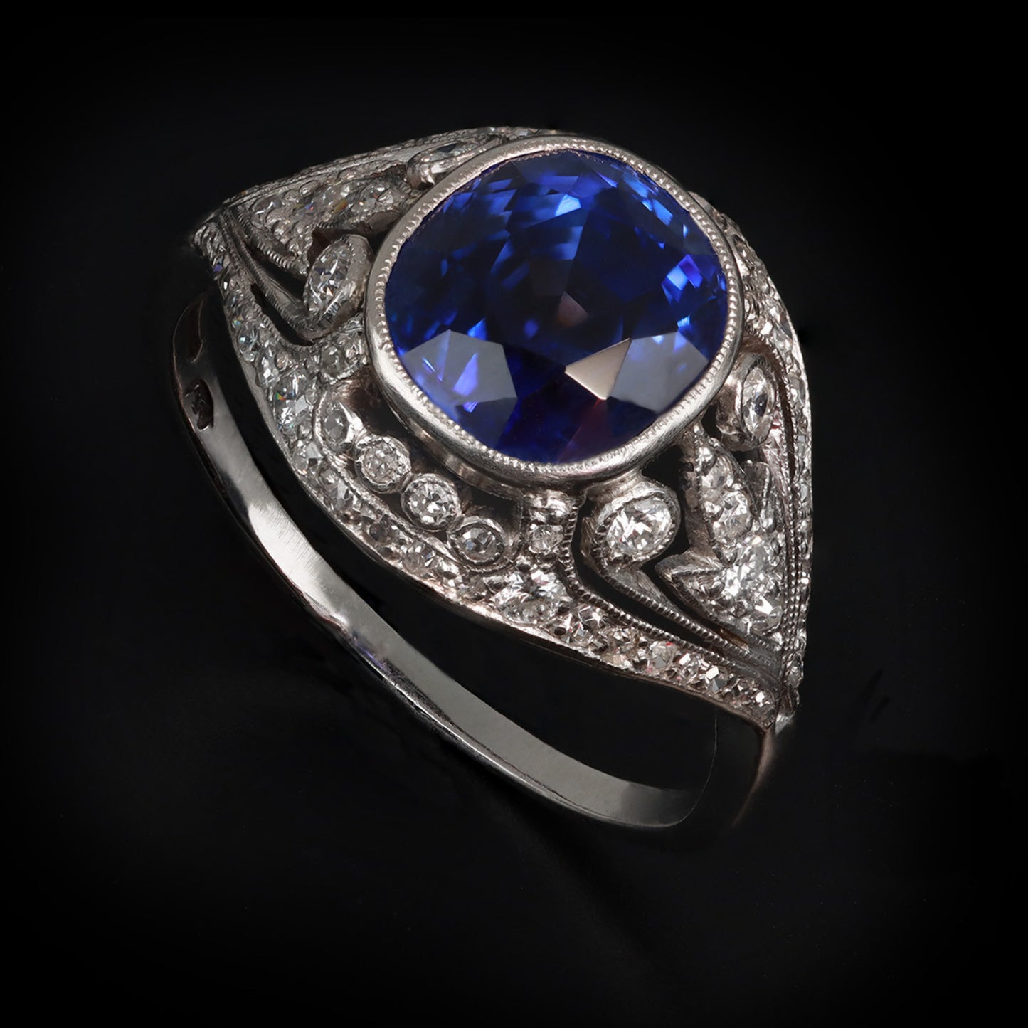 Tillander Finnish Art Deco Platinum Sapphire & Diamond Ring front