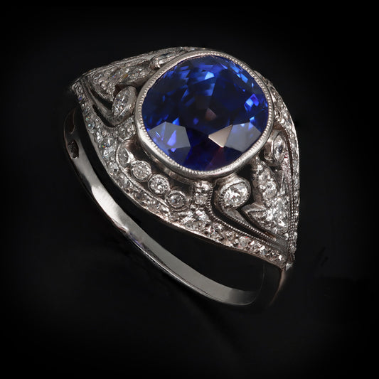 Tillander Finnish Art Deco Platinum Sapphire & Diamond Ring front