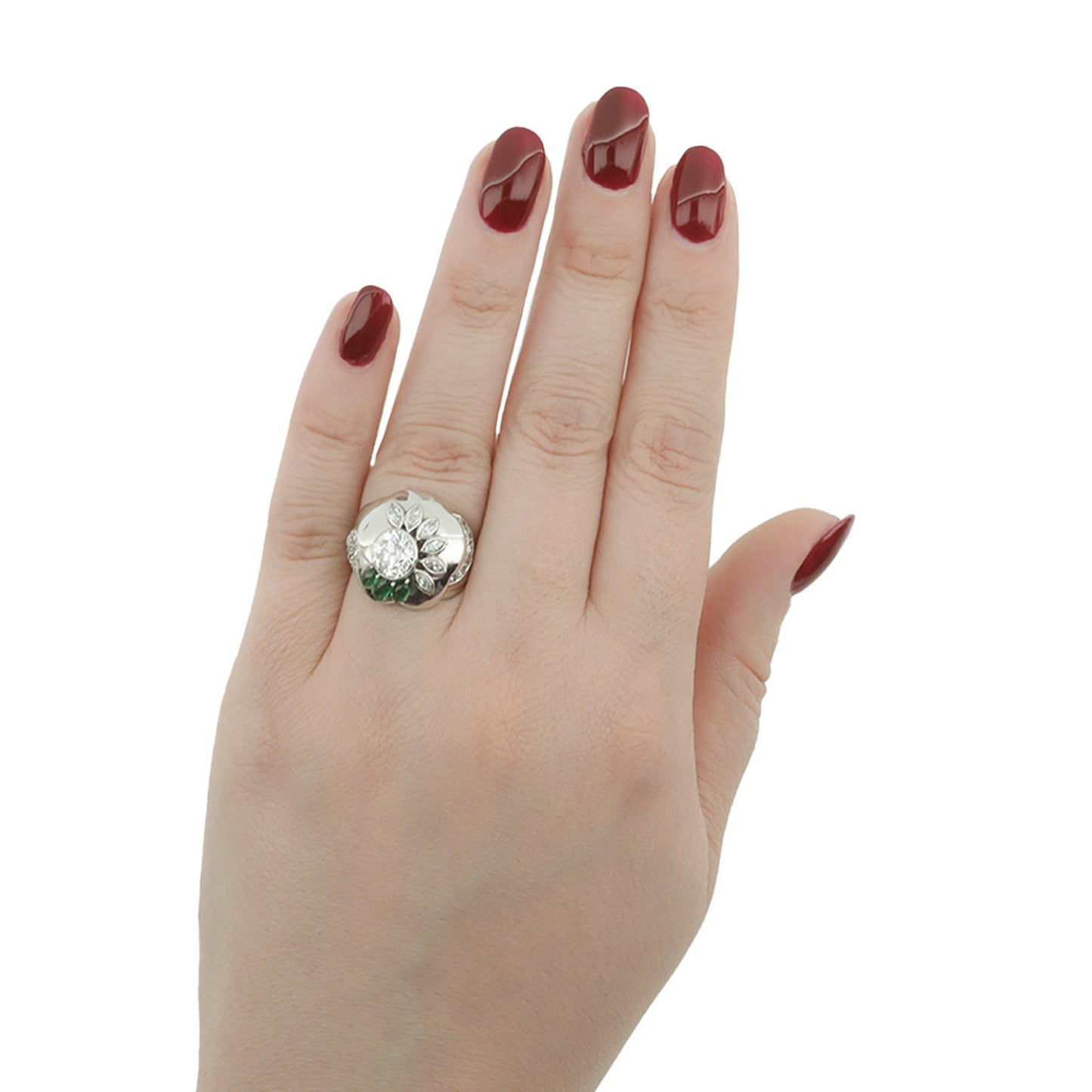 Seaman Schepps American 1960s Platinum Emerald & Diamond Ring on finger