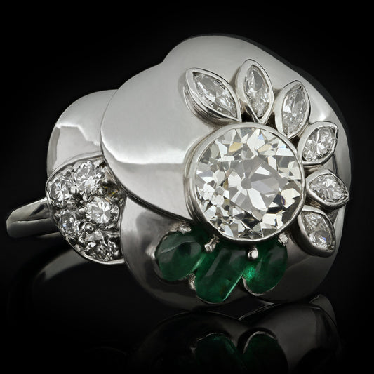 Seaman Schepps American 1960s Platinum Emerald & Diamond Ring front