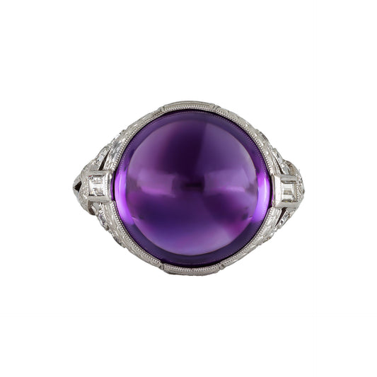 Art Deco Platinum Amethyst & Diamond Ring front