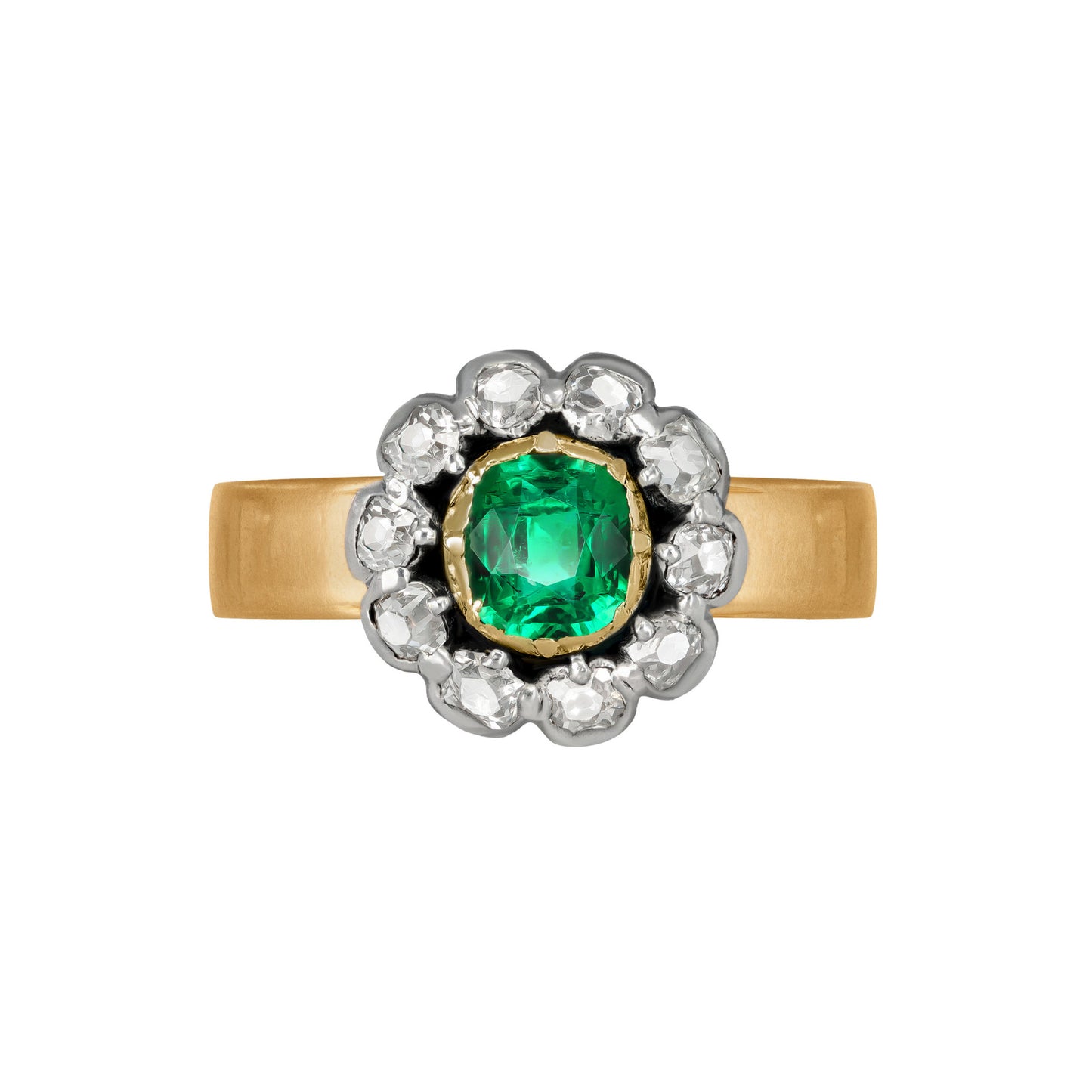 Victorian Silver & 18KT Rose Gold Emerald & Diamond Ring front