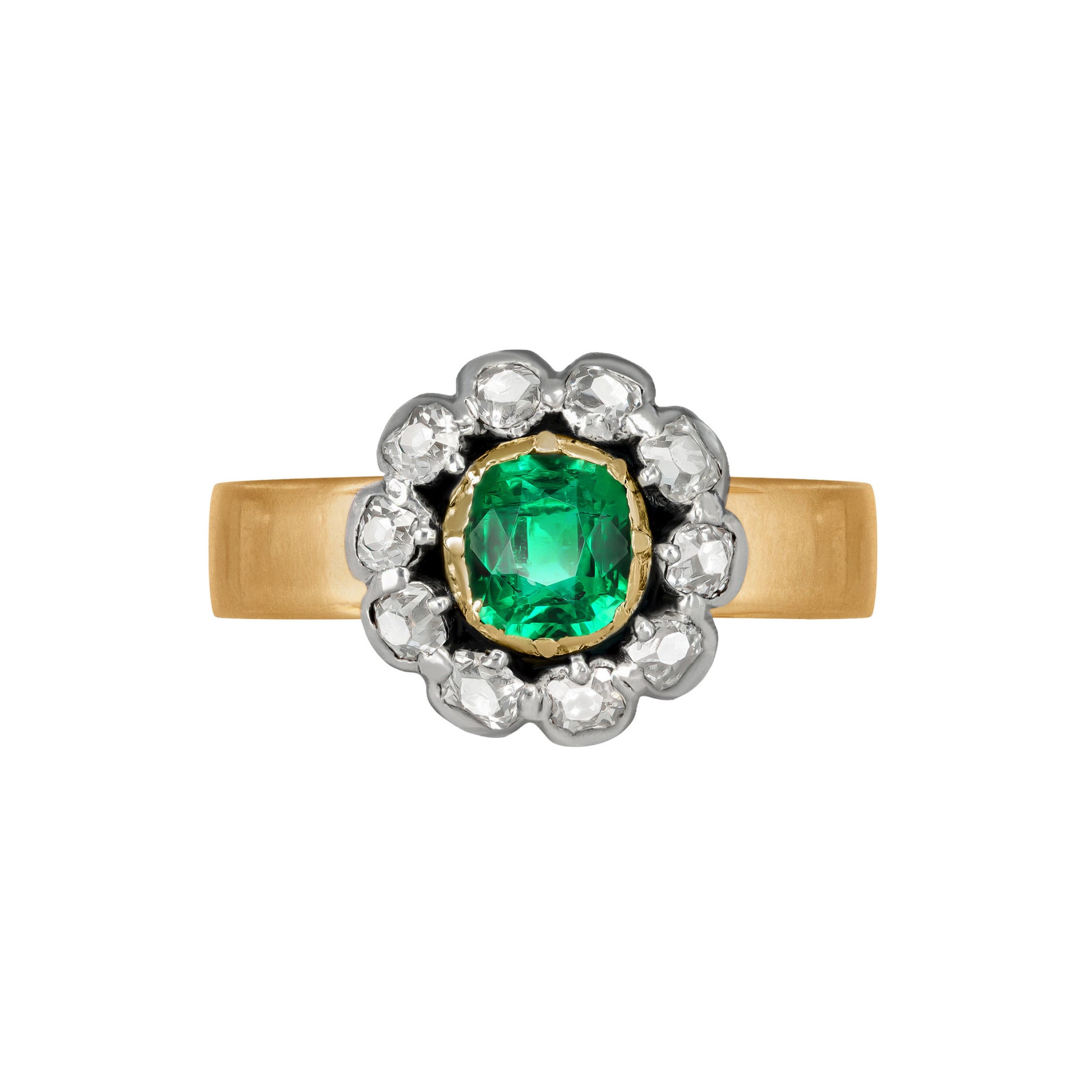 Victorian Silver & 18KT Rose Gold Emerald & Diamond Ring front