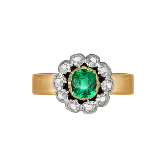 Victorian Silver & 18KT Rose Gold Emerald & Diamond Ring front