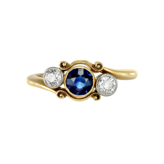 Edwardian 18KT Yellow Gold Sapphire & Diamond Ring front