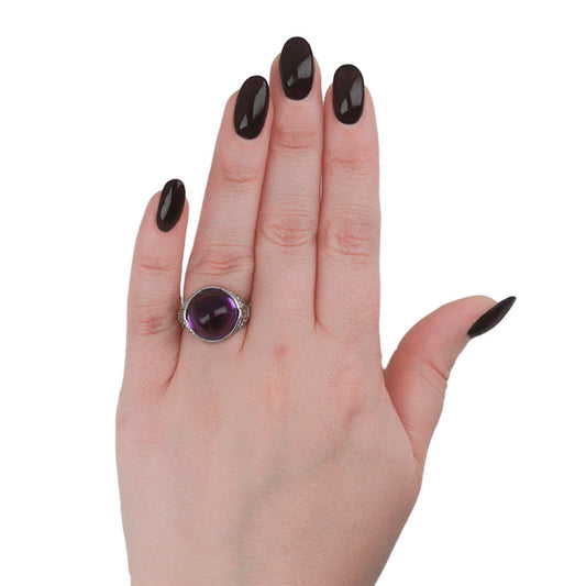 Art Deco Platinum Amethyst & Diamond Ring on finger