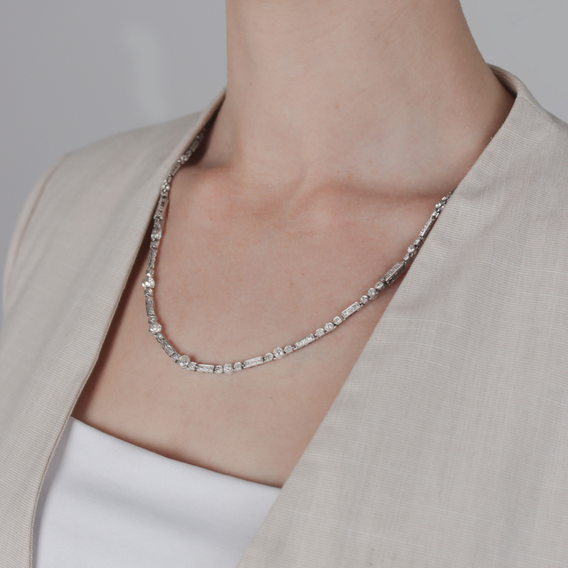 Art Deco Platinum & 18KT White Gold Diamond Necklace on neck