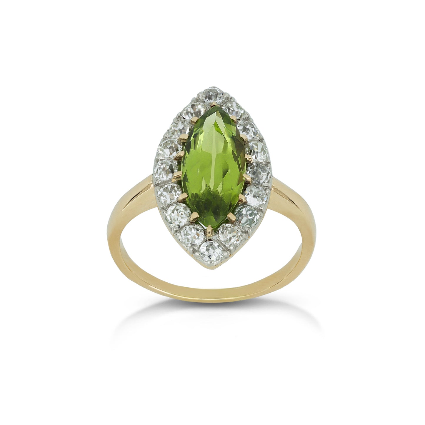 Victorian Platinum & 18KT Yellow Gold Peridot & Diamond Ring front