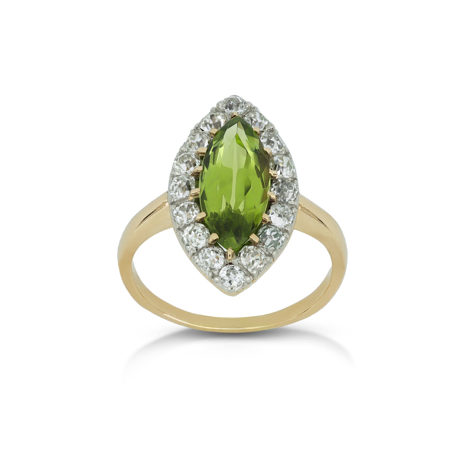 Victorian Platinum & 18KT Yellow Gold Peridot & Diamond Ring front